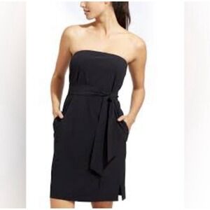 Athleta Go Anywhere Strapless Dress Gray Black Tie Waist Pockets 14 Travel